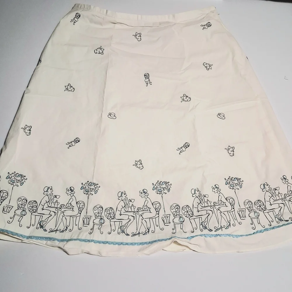 LOFT Women's A-Line Embroidered Cream‎ Skirt with Black Coffe And Tea Pattern